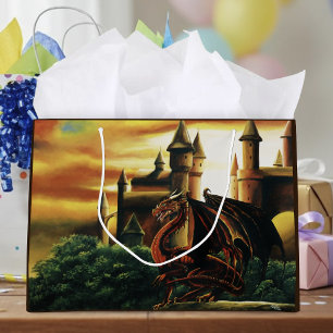 Grand Sac Cadeau Château du dragon au coucher de soleil rouge Fanta