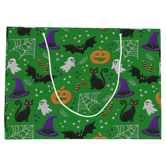 Grand Sac Cadeau Chats noirs Fantômes chauves-souris Motif vert Hal (Dos)