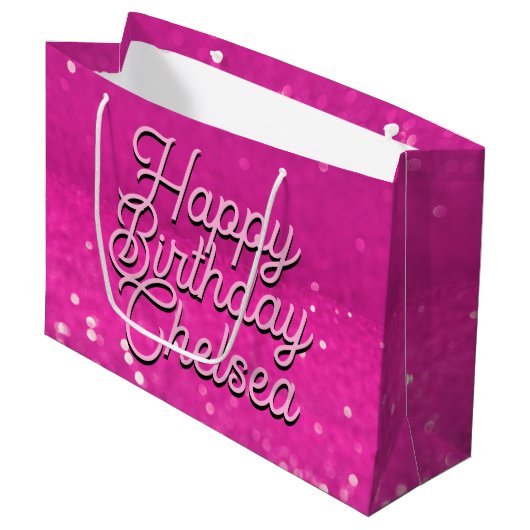 Grand Sac Cadeau Chaud Rose Parties scintillant Bokee Texte personn (Devant Angle)