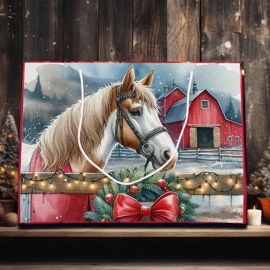 Grand Sac Cadeau Cheval à la ferme Noël