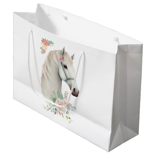 Grand Sac Cadeau Cheval blanc élégant Boho floral (Devant Angle)
