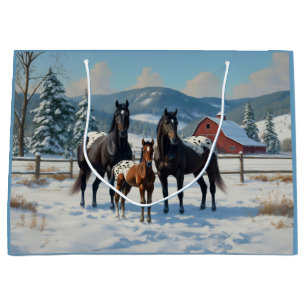 Grand Sac Cadeau Chevaux Appaloosa noirs sur une ferme en hiver
