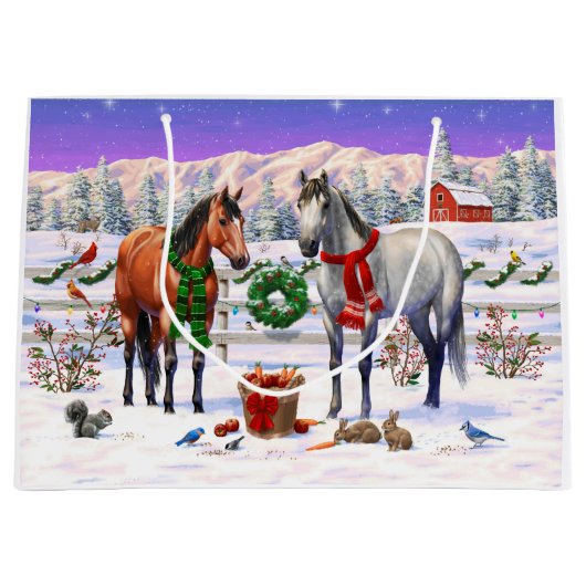 Grand Sac Cadeau Chevaux de Noël en neige (Devant)
