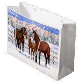Grand Sac Cadeau Chevaux Du Quartier De La Baie Brown En Neige (Devant Angle)