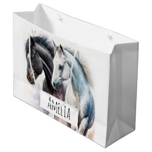 Grand Sac Cadeau Chevaux noir et blanc en aquarelle