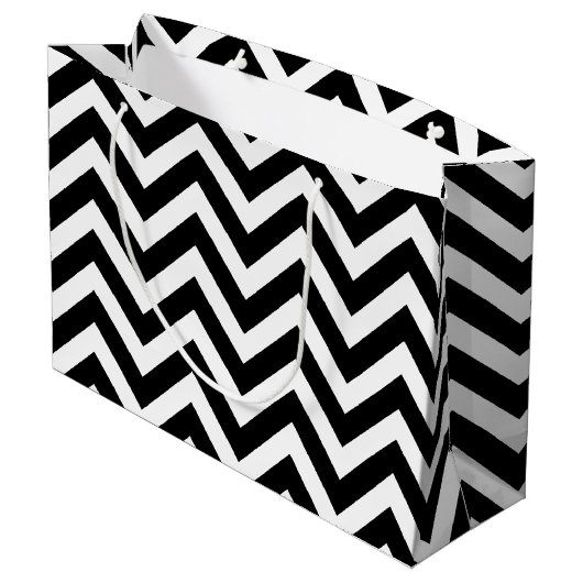 Grand Sac Cadeau Chevron horizontal noir et blanc de grande taille (Dos Angle)