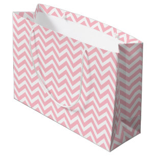 Grand Sac Cadeau Chevron horizontal rose et blanc de taille moyenne