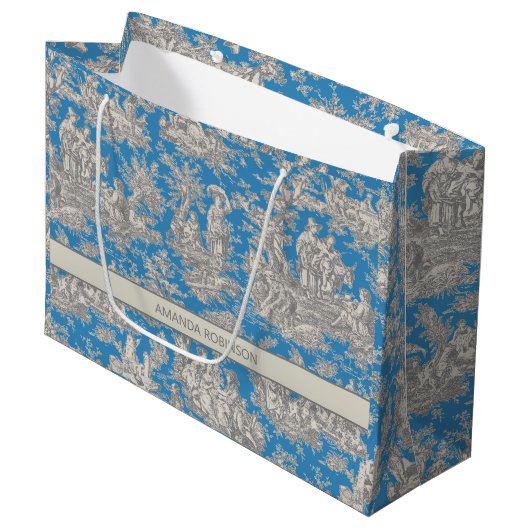 Grand Sac Cadeau Chic bleu turquoise toile de jouy (Devant Angle)