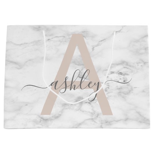 Grand Sac Cadeau Chic Blush Pink White Marble Script Nom monogram (Devant)