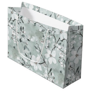 Grand Sac Cadeau Chic Gris Blanc Bleu Floral Mariage