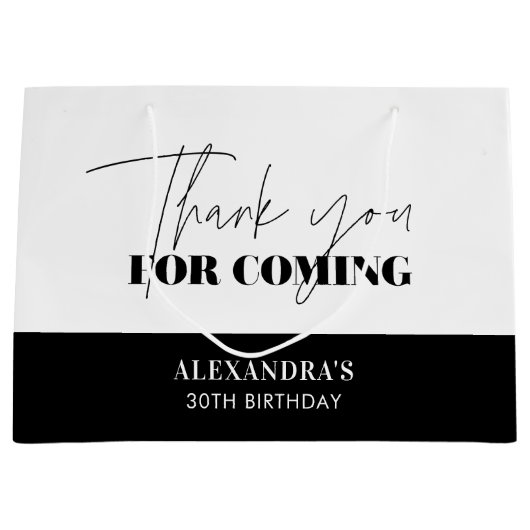 Grand Sac Cadeau Chic Noir Blanc Script Anniversaire Merci (Devant)
