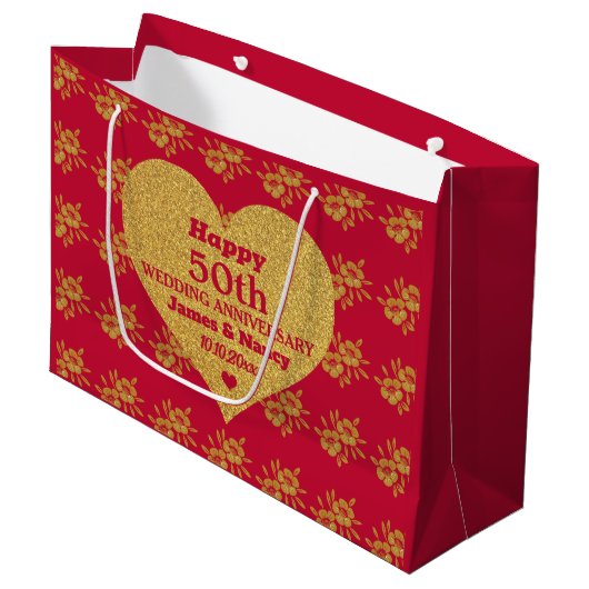 Grand Sac Cadeau Chic Red & Gold Floral 50e anniversaire de Mariage (Devant Angle)