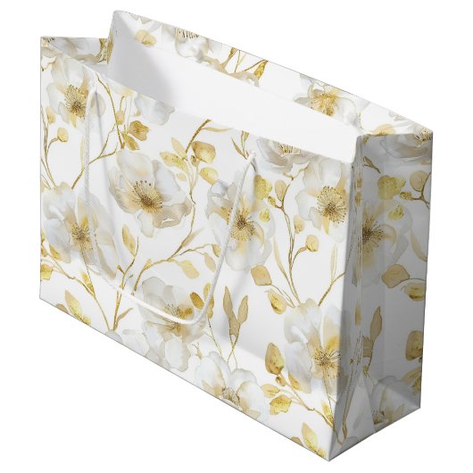 Grand Sac Cadeau Chic Romantique Or Blanc Fleur Mariage (Devant Angle)