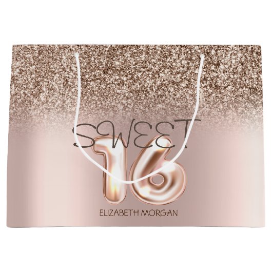 Grand Sac Cadeau Chic Rose Parties scintillant or Ombre Sweet 16 (Devant)