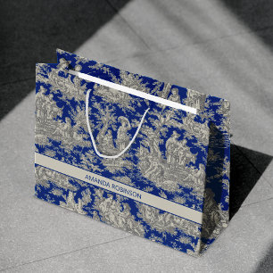 Grand Sac Cadeau Chic vintage bleu foncé toile de jouy française