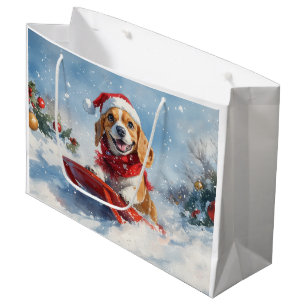 Grand Sac Cadeau Chien Beagle en Luge Laissez Tomber la Neige Noël