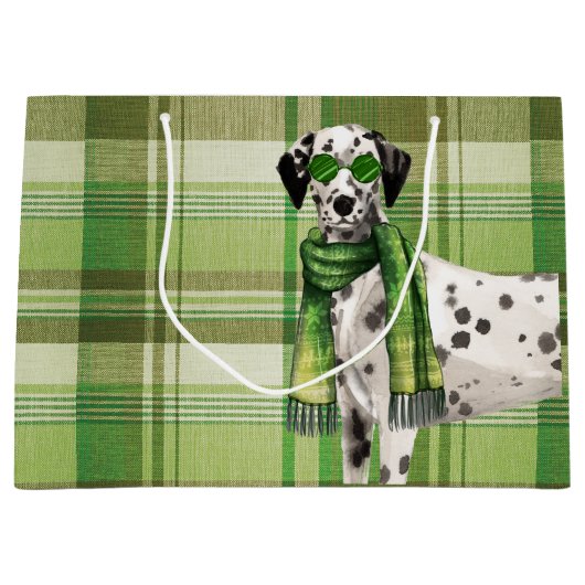 Grand Sac Cadeau Chien dalmate avec Green Plaid Funny Christmas (Devant)