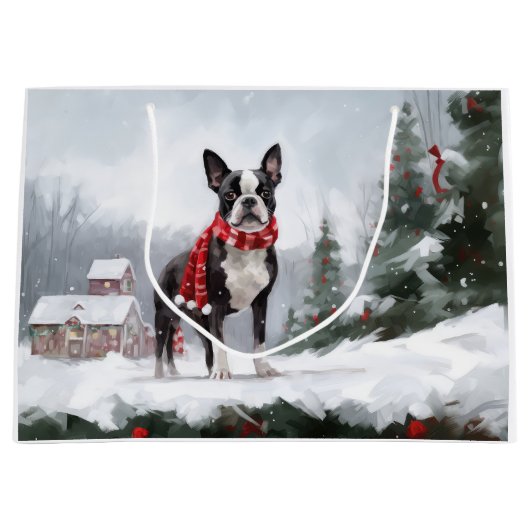 Grand Sac Cadeau Chien de Boston Terrier pendant Noël de neige (Devant)