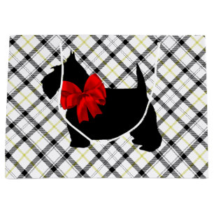 Grand Sac Cadeau Chien de Scottie et arc rouge sur le plaid
