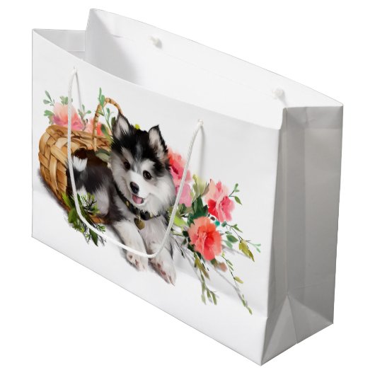 Grand Sac Cadeau Chien Husky couché dans un panier (Devant Angle)