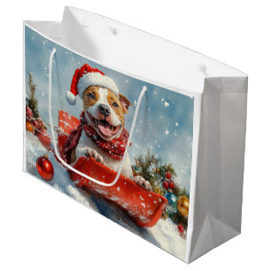 Grand Sac Cadeau Chien Pitbull en Luge Laissez Tomber la Neige Noël