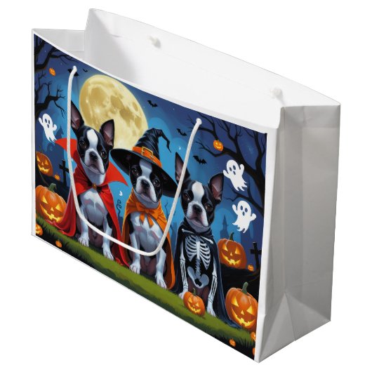 Grand Sac Cadeau Chiens de Boston Terrier Citrouille Halloween Funn (Devant Angle)