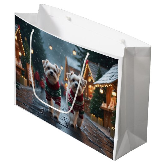 Grand Sac Cadeau Chiens maltais Noël Neige Fêtes (Devant Angle)