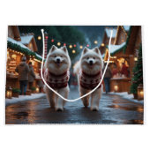Grand Sac Cadeau Chiens Samoyède Noël Neige Fêtes (Devant)