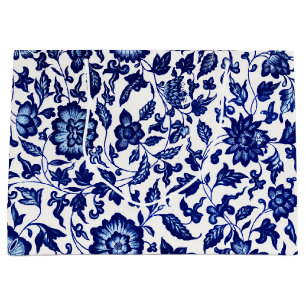 Grand Sac Cadeau Chinois bleu marine foncé motif floral sur blanc
