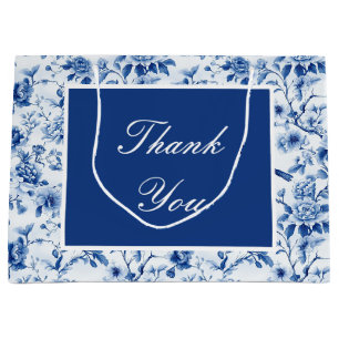 Grand Sac Cadeau Chinoiserie Baby shower des oiseaux et fleurs bleu