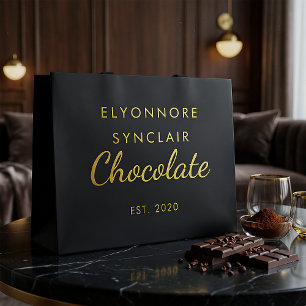 Grand Sac Cadeau Chocolat au script or noir élégant