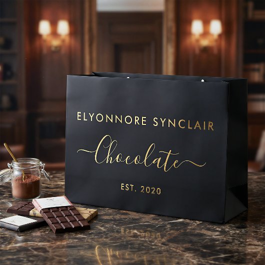 Grand Sac Cadeau Chocolat de script doré noir élégant