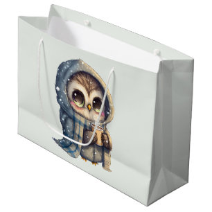 Grand Sac Cadeau Chouette à gros yeux mignonne tenant un café