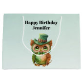 Grand Sac Cadeau Chouette mignonne dans un chapeau vert Anniversair (Devant)