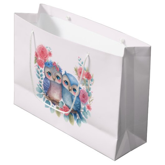 Grand Sac Cadeau Chouettes amoureuses Assis sur une branche d'arbre (Devant Angle)