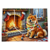 Grand Sac Cadeau Chow Chow Sitting Fireplace with Christmas Lights (Devant)