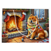 Grand Sac Cadeau Chow Chow Sitting Fireplace with Christmas Lights (Dos)