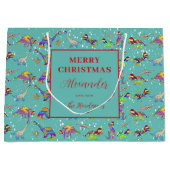 Grand Sac Cadeau Christmas Dinosaur Motif Ajouter un nom (Devant)