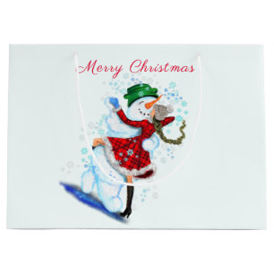 Grand Sac Cadeau Christmas Gift Bag Snowman and Girl Dance Tango