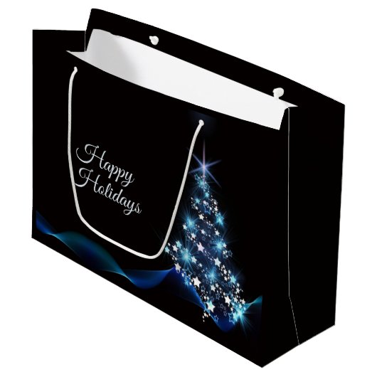 Grand Sac Cadeau Christmas Party Blue Tree Shiny Black Elegant (Devant Angle)