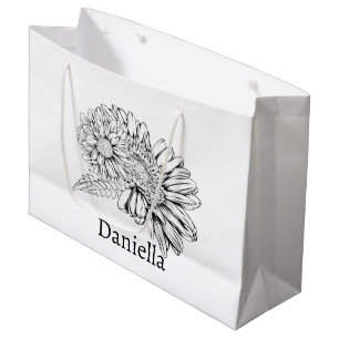 Grand Sac Cadeau Chrysanthème Dessin à la ligne noire avec votre no