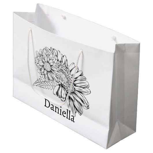 Grand Sac Cadeau Chrysanthemum Black Line Drawing with Your Name  (Devant Angle)