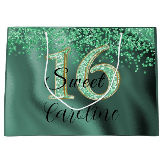 Grand Sac Cadeau Chute Parties scintillant verte douce 16 Anniversa (Devant)
