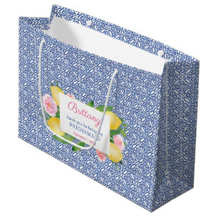 Grand Sac Cadeau Citrons Bleu Carreaux Blancs Maid Of Honor Merci