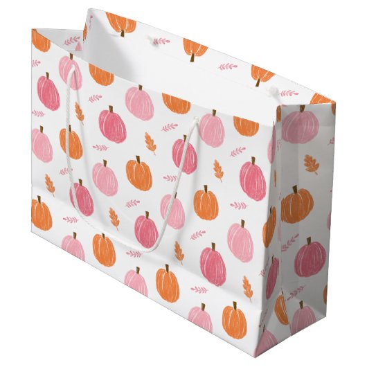 Grand Sac Cadeau Citrouille  rose orange Motif Feuille (Devant Angle)