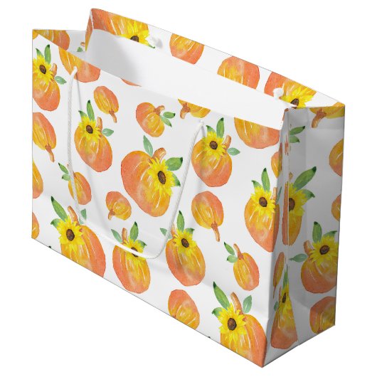 Grand Sac Cadeau Citrouilles d'aquarelle et tournesols (Devant Angle)