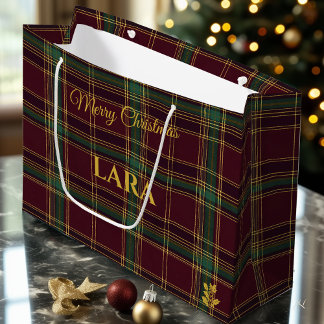Grand Sac Cadeau Classique tartan à carreaux de Noël burgundy et ve