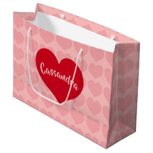 Grand Sac Cadeau Coeur rouge sur le nom rose