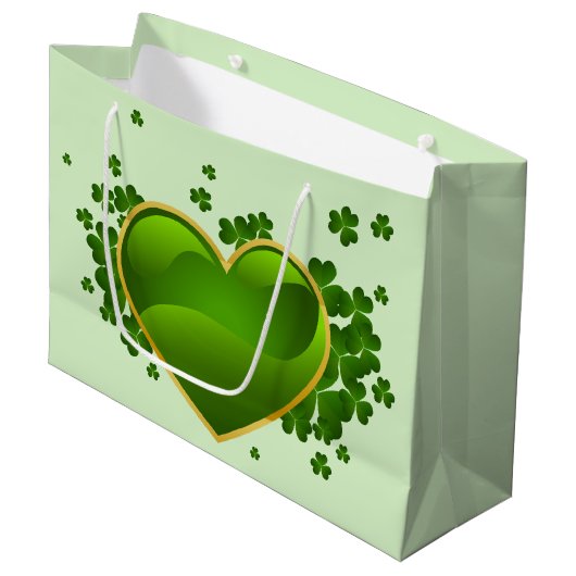 Grand Sac Cadeau Coeur vert doré avec Shamrock (Devant Angle)