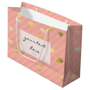 Grand Sac Cadeau coeurs d'amour faux or motif, rayures rose pastel